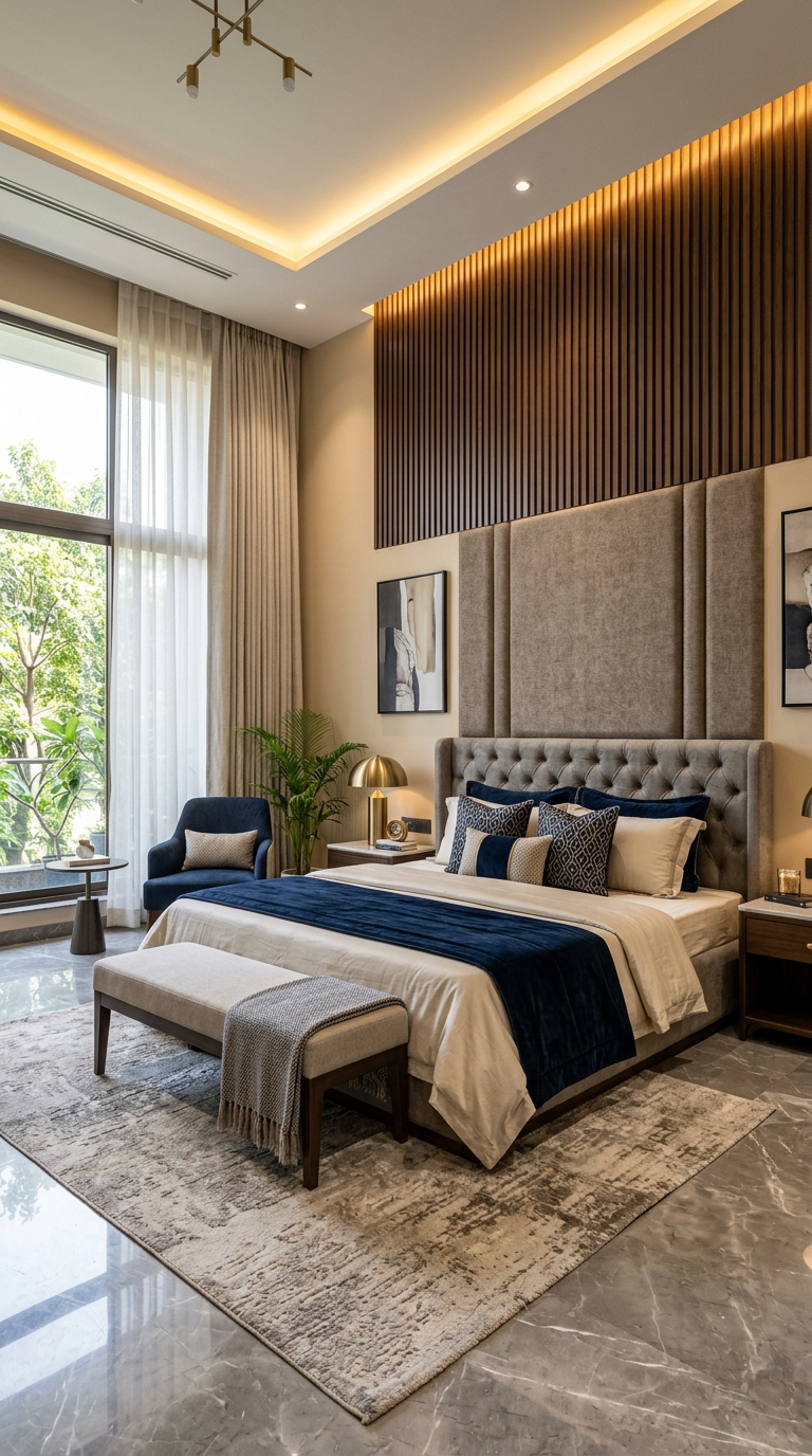 Master bedroom with fluted wood wall panel and warm LED lighting