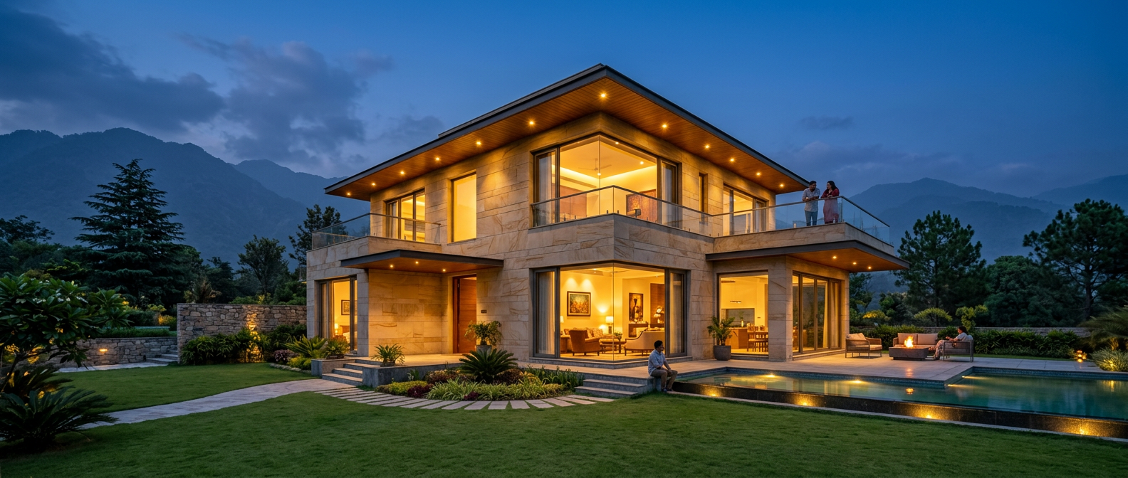 Modern stone-clad luxury villa glowing at dusk